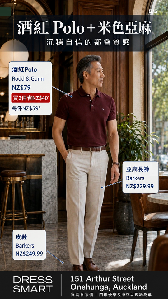 Burgundy Polo + Beige Linen animated model frame