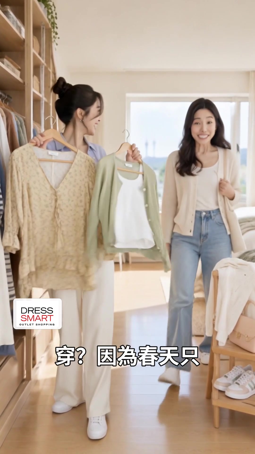 Two women discuss a full wardrobe in the Video 10 opening