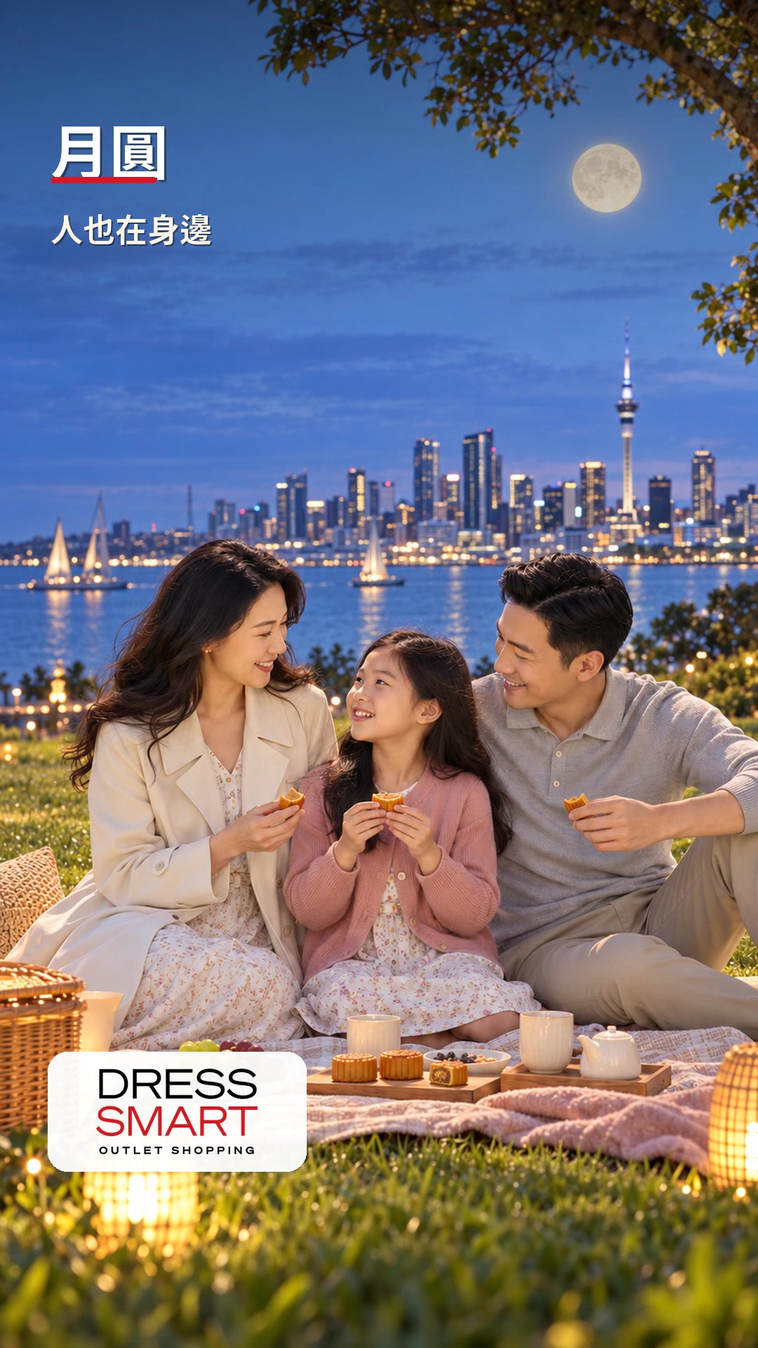 The family enjoying mooncakes together at dusk by the waterfront