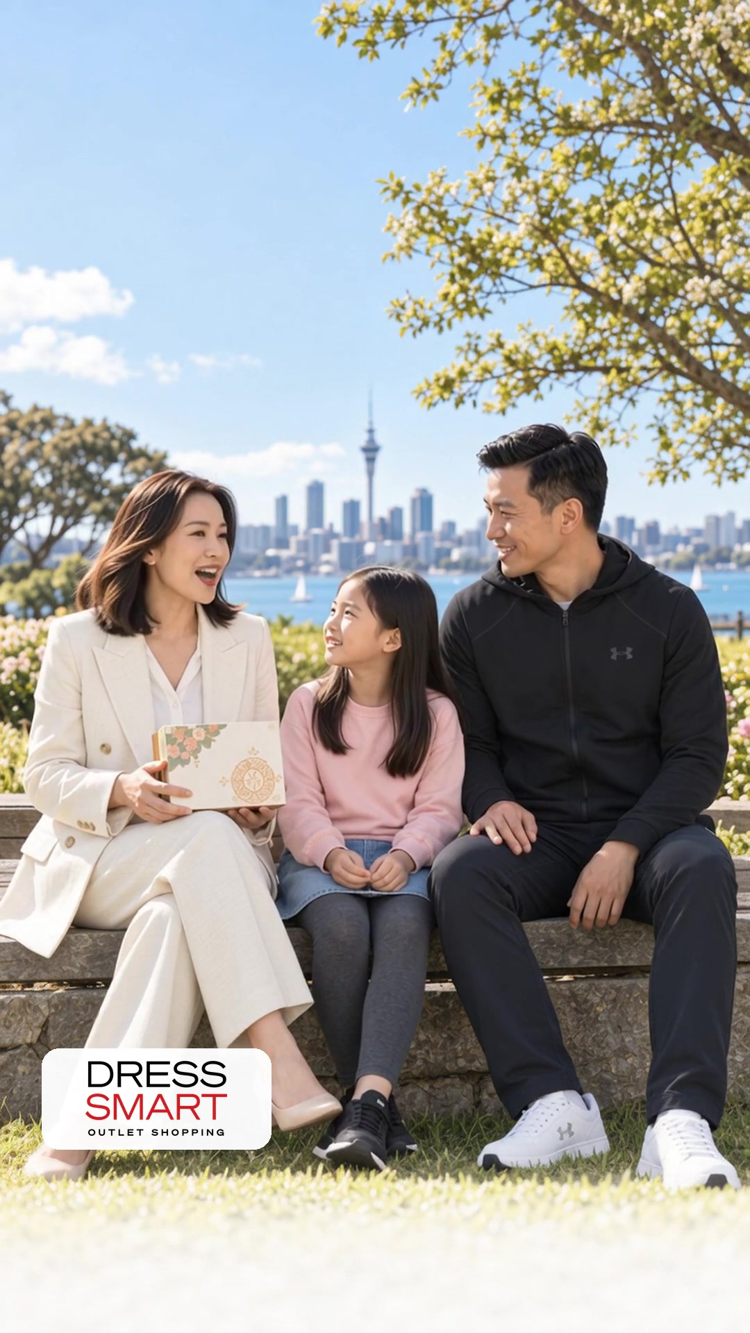 Mother, daughter and father talking together on a bench by the waterfront